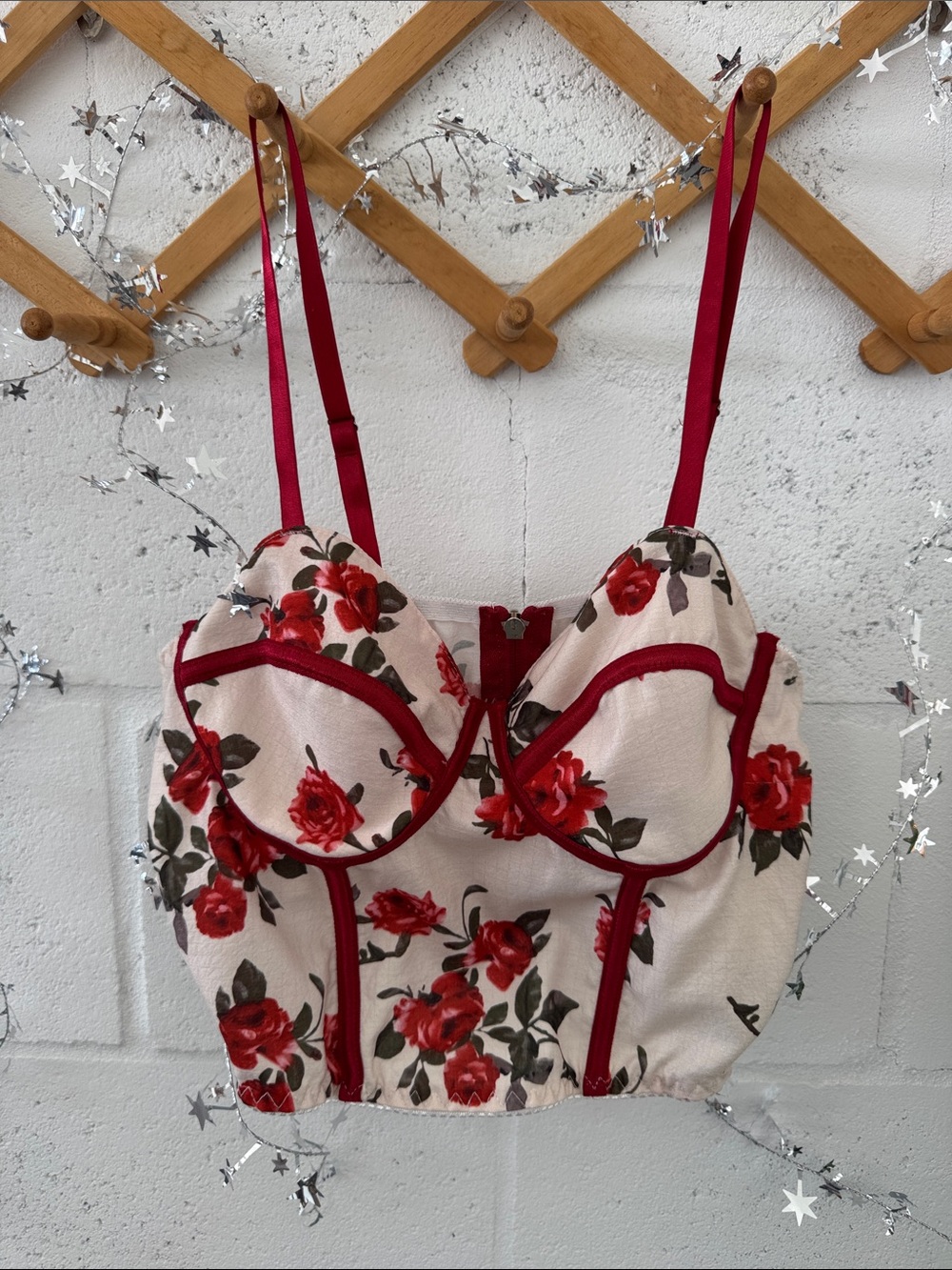 Romantic red floral corset cropped top